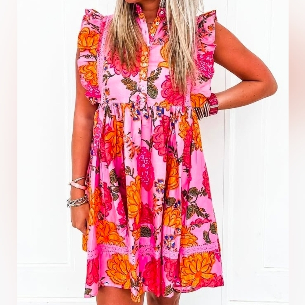 Etiquette Clothiers Pink and Orange Floral Mini Dress